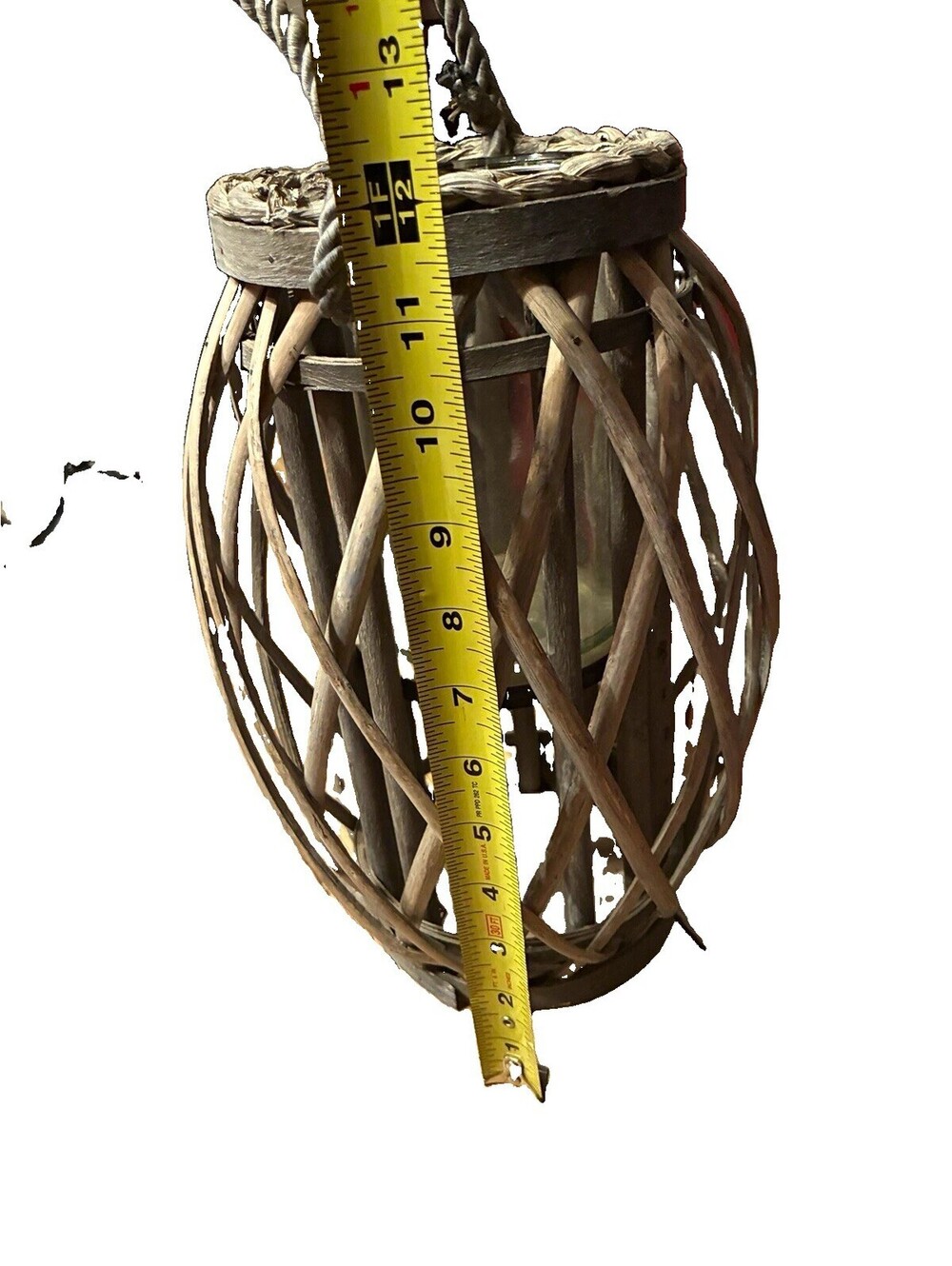 Vintage Gray Wicker & Rattan Lantern Glass Cylinder Hurricane Rope Handle Rustic